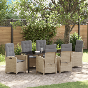 vidaXL 7-delige tuintafelset met kussens - Beige poly rattan
