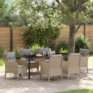 vidaXL 7-delige tuintafelset met kussens in beige poly rattan