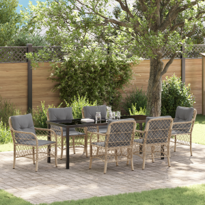 vidaXL 7-delige tuintafelset met kussens in beige poly rattan