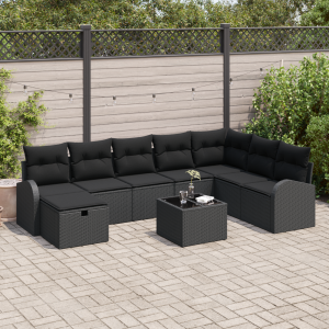 vidaXL 9-delige ligbed set met kussens zwart poly rattan