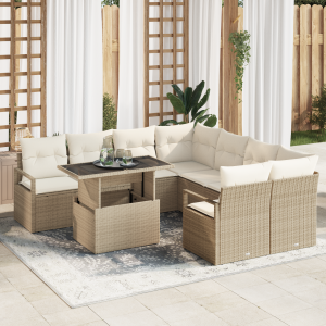 vidaXL 9-delige ligbedset met kussens in beige van poly rattan