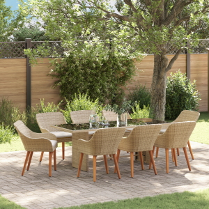 vidaXL 9-delige tuin eettafelset in beige poly rattan