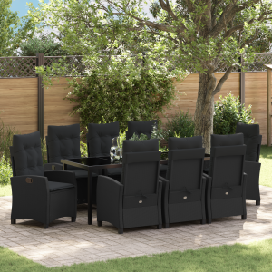 vidaXL 9-delige tuinset met eettafel en kussens in zwart poly rattan
