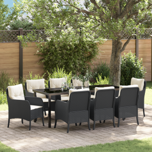 vidaXL 9-delige tuinset met eettafel en kussens zwart poly rattan