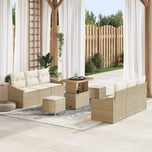 vidaXL 9-delige tuinset met kussens in beige poly rattan en acacia