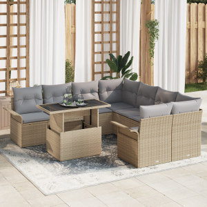 vidaXL 9-delige tuinset met kussens in beige poly rattan