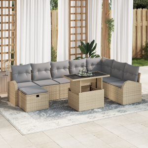 vidaXL 9-delige tuinset met kussens in beige poly riet