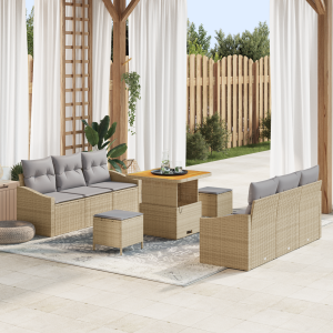 vidaXL 9-delige tuinset met kussens in beige van poly rattan en acacia
