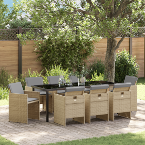 vidaXL 9-delige zithoekset met kussens in beige poly rattan
