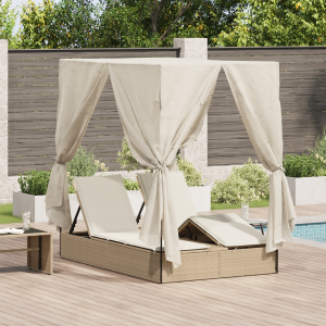 vidaXL Dubbel Ligbed met Dak en Gordijnen Beige Poly Rattan