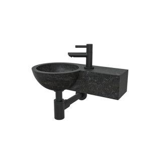Wiesbaden B waskom rond 40x23x10cm met kraangat rechts hardsteen zwart incl Amador fonteinkraan zwart mat SW106364 - 22.2701 - SW21108 - SW696215 - SW696205