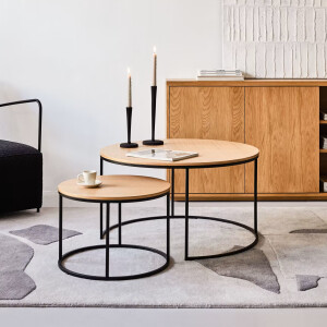 Kave Home Ronde Bijzettafel 'Yoana' Eiken en metaal, Set van 2 stuks, kleur Zwart