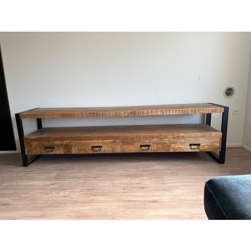 Robuust mangohouten tv-meubel met metalen frame afbeelding