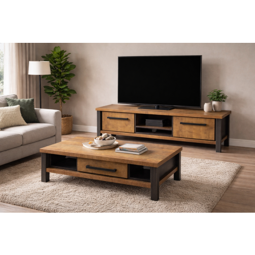 Robuuste TV-meubel + salontafel set  industrieel hout/metaal afbeelding