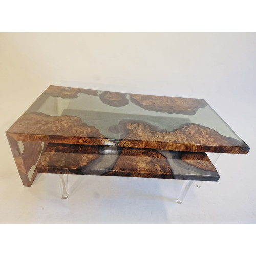 Zwevende waterval tafel van Amerikaanse Iepenhout met burl. Smokey grey semi transparent. Mooie set. afbeelding