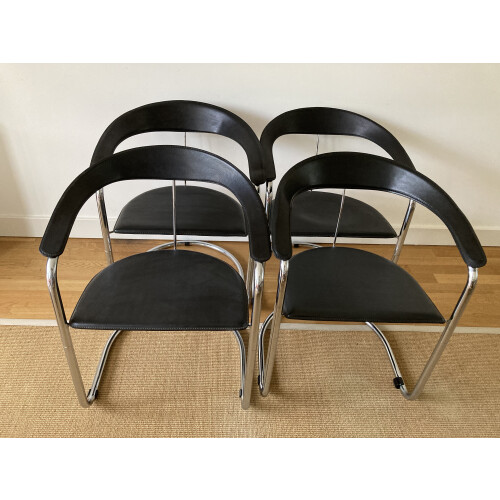 4 Italiaans Design Tuigleer Chroom Buisframe Stoelen afbeelding