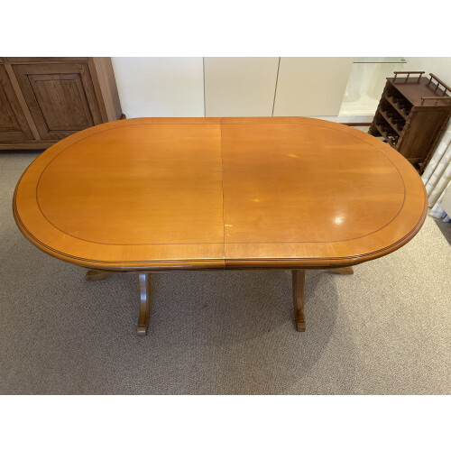 Vintage uitschuifbare houten eettafel, massief onderstel afbeelding