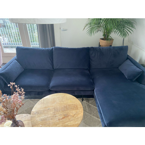 Donkerblauwe Velvet bank met chaise longue afbeelding 2