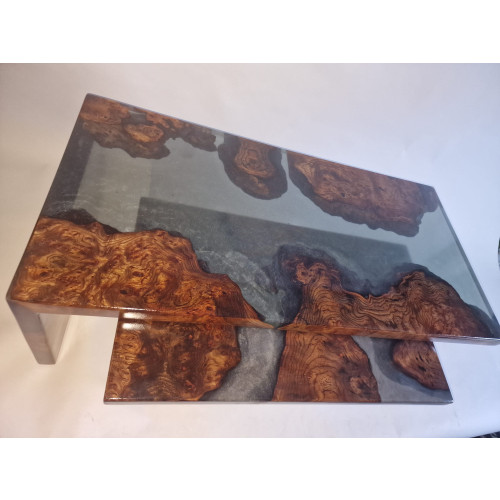 Zwevende waterval tafel van Amerikaanse Iepenhout met burl. Smokey grey semi transparent. Mooie set. afbeelding 3